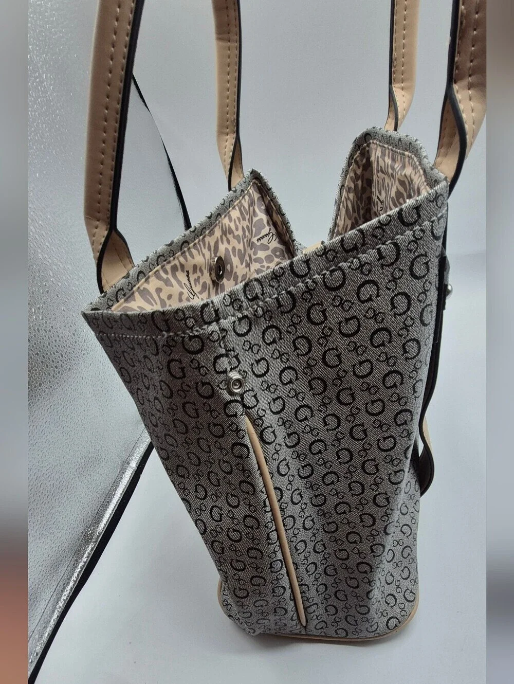 GUESS Beige and Gray Signature Satchel